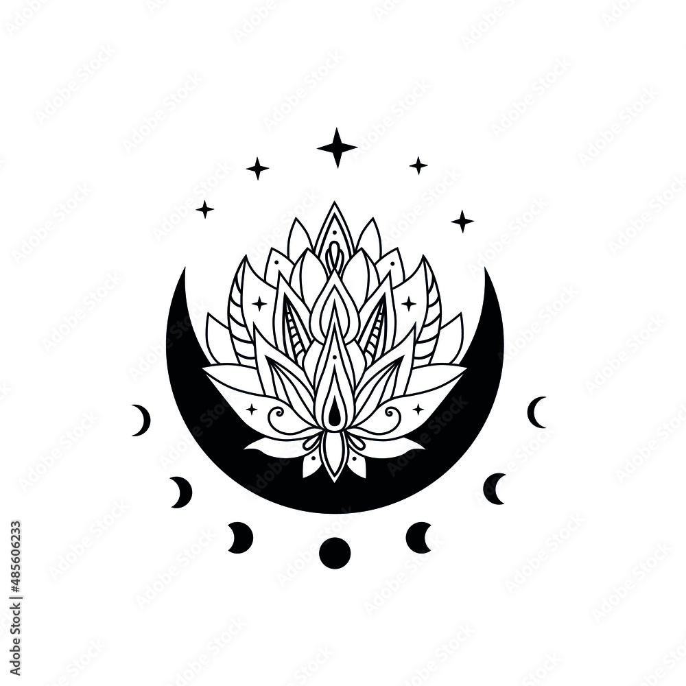 Lotus Flowers With Crescent Moon And Stars Vector Blooming Lotus Lotus Logo Design Lotus Spiritual Design Isolated On White Background Stock ベクター Adobe Stock