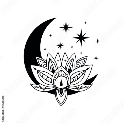 Lotus flowers with crescent moon and stars, vector blooming lotus. Lotus logo design. Lotus spiritual design  isolated on white background