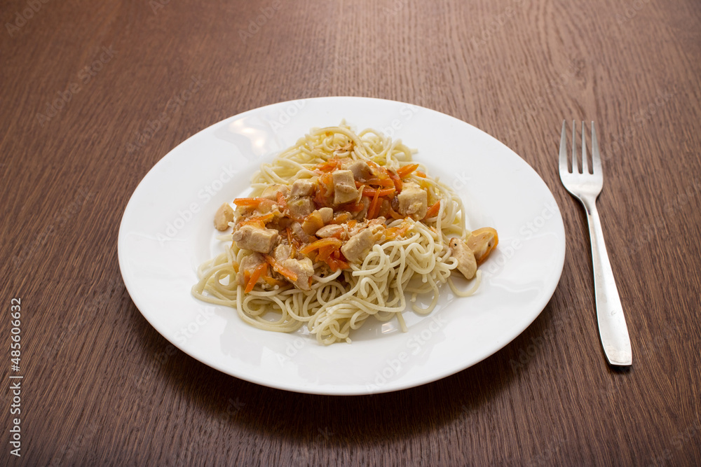 spaghetti with meat and vegetables on a white plate spaghetti with meat and vegetables on a white plate