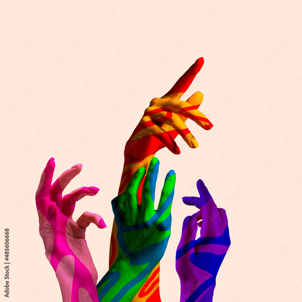 Contemporary art collage. Composition with multicolored human hands gesturing isolated on light background. Concept of diversity, friendship, rights, peace - obrazy, fototapety, plakaty 