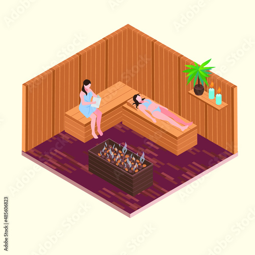 Women enjoying steam bath isometric 3d vector illustration concept for banner, website, landing page, ads, flyer template