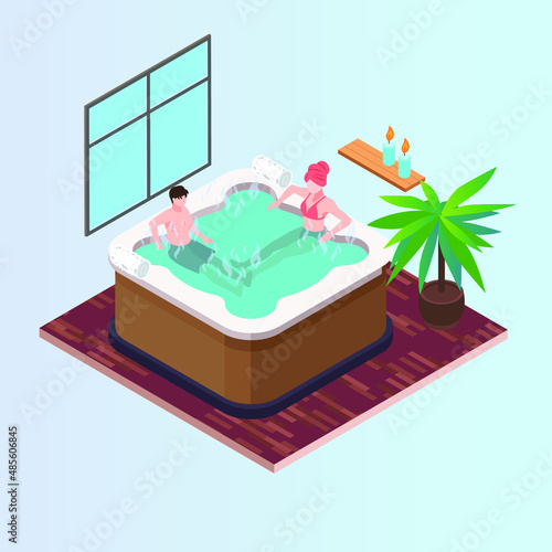 Couple enjoying jacuzzi isometric 3d vector illustration concept for banner, website, landing page, ads, flyer template