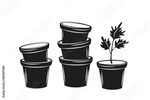 Seedlings potted.Springtime gardening. Black and white vector illustration for cutting.