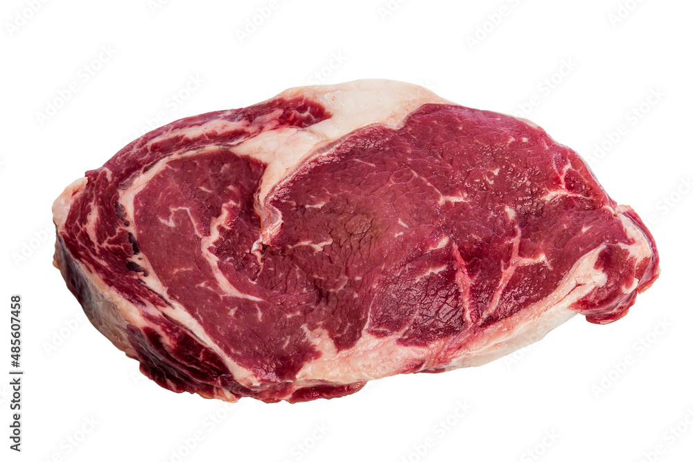 Raw marbled beef ribeye steak. Healthy food. Isolated on white background. Close-up. Raw marbled beef ribeye steak. Healthy food. Isolated on white background. Close-up.