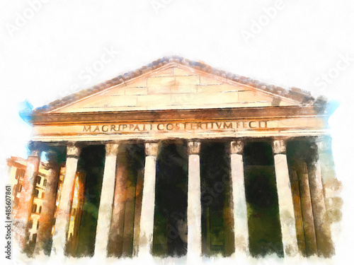 Pantheon in Rome, Italy. Watercolor landscape and landmark illustration