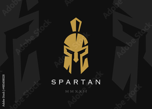 Spartan warrior logo. Gladiator fighter icon. Security armor symbol. Knight helmet sign. Greek soldier emblem. Vector illustration.