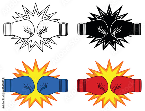 Boxing Gloves Hitting Clipart Set - Outline, Silhouette and Color