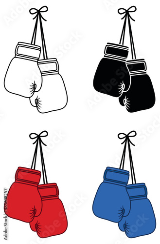 Boxing Gloves Hanging Clipart Set - Outline, Silhouette and Color