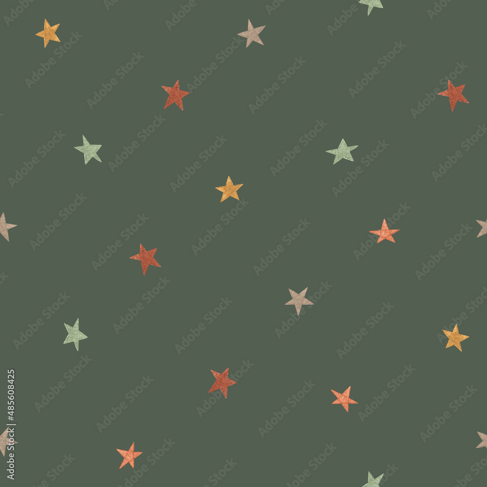 Watercolor Christmas seamless pattern. Scandinavian stars on green background. Hand made illustrations print. For design, cards, linens, wallpaper, cases design, posters, fabric, textile. Watercolor Christmas seamless pattern. Scandinavian stars on green background. Hand made illustrations print. For design, cards, linens, wallpaper, cases design, posters, fabric, textile.