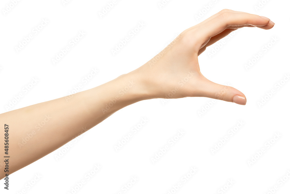 Woman hand holding invisible object isolated on white background. Woman hand holding invisible object isolated on white background.