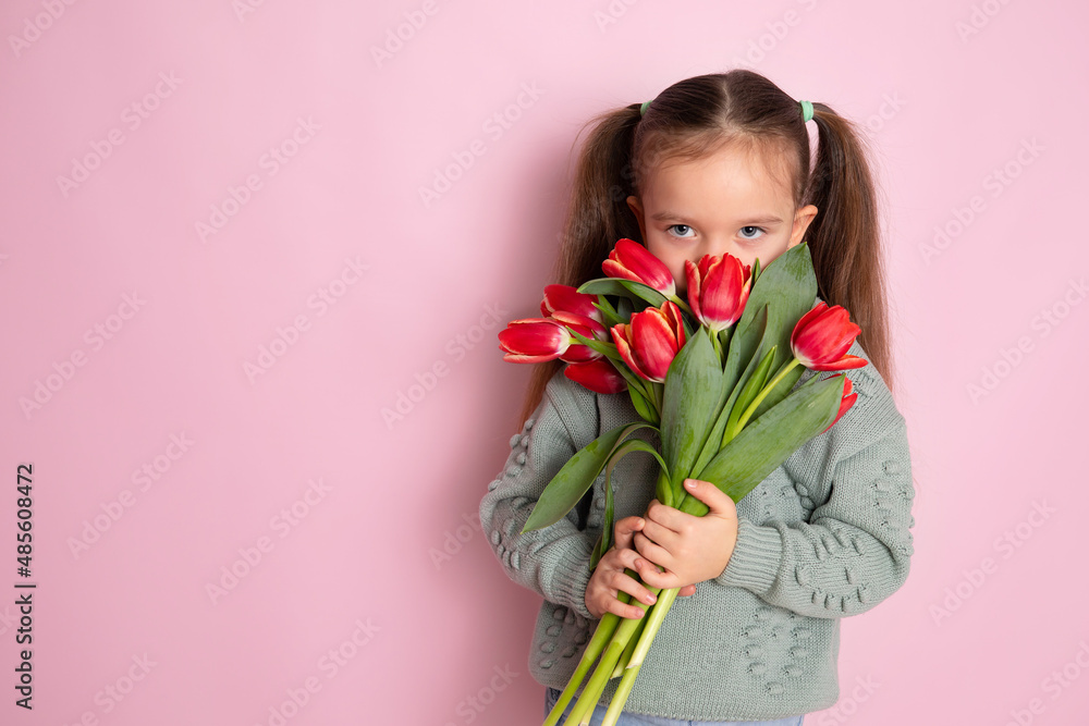 A little cute girl holding a bouquet of tulips and sniffing them Pink background. Happy women's day. Space for text. Bright Emotions. A little cute girl holding a bouquet of tulips and sniffing them Pink background. Happy women's day. Space for text. Bright Emotions.