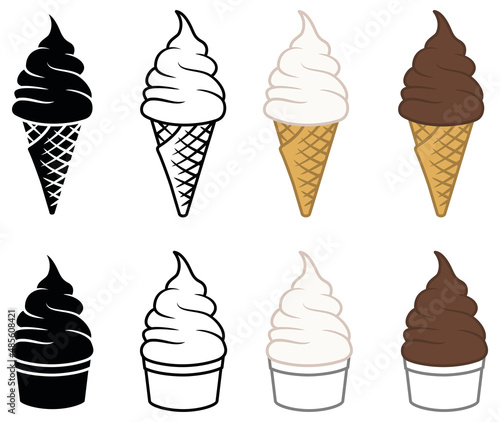 Ice Cream Cone and Cup Clipart Set - Outline, Silhouette, Vanilla and Chocolate