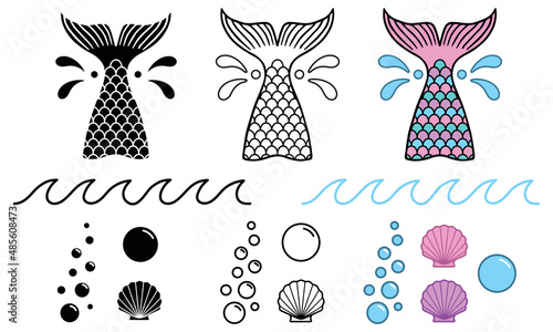 Mermaid Tail and Accessory Clipart Set - Outline, Silhouette and Color