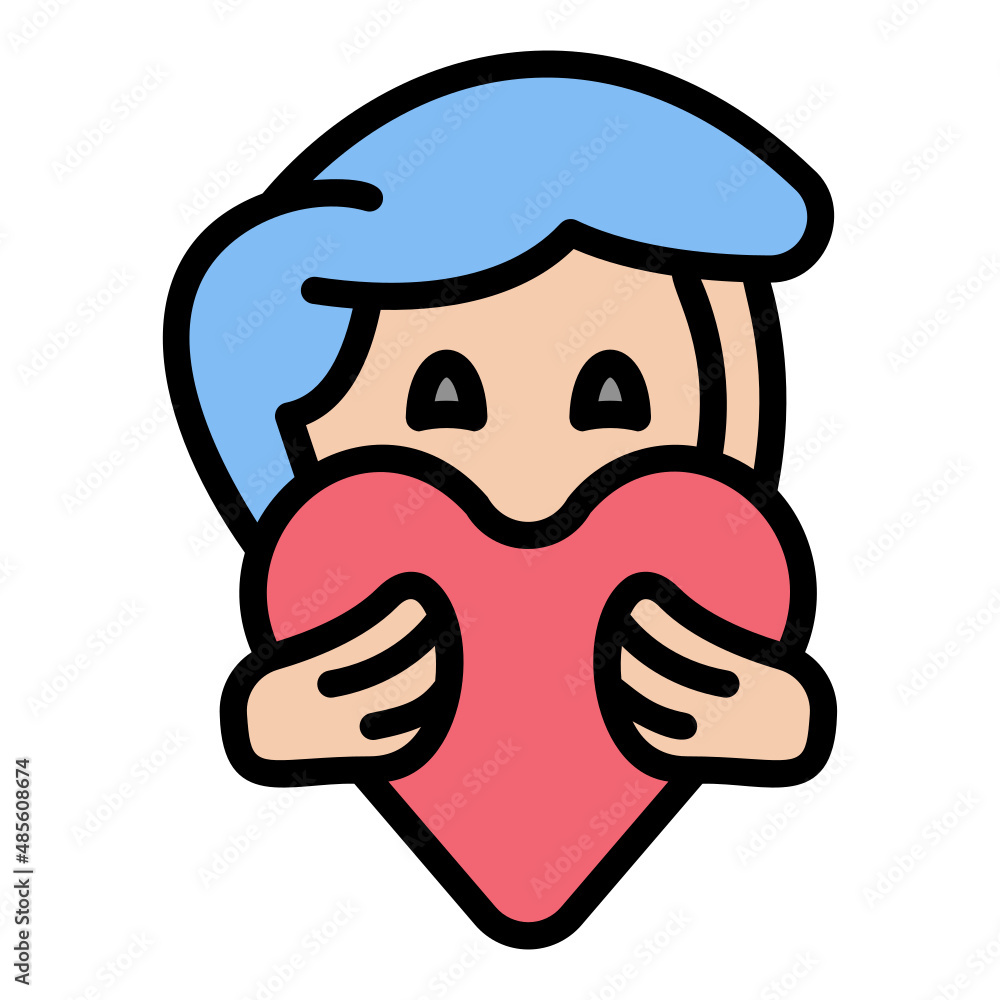 Boy brings love heart filled line color icon Boy brings love heart filled line color icon