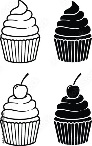 Cupcake with Cherry Clipart Set - Outline and Silhouette