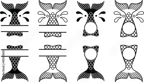 Mermaid Tail Split Template Label Clipart - Outline, Silhouette and Color