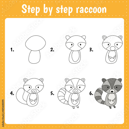 Drawing lesson for children. How draw a raccoon. Drawing tutorial. Step by step repeats the picture. Kids activity art page for book. Vector illustration.