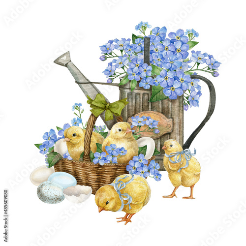 Photography Watercolor easter basket with white egg and blue flowers, baby chick bird,vintage water can