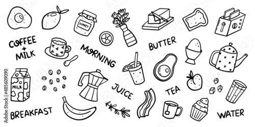 Morning breakfast related doodles such as avocado, toast, egg, coffee, milk, water, honey, butter. Hand drawn outline vector illustration.