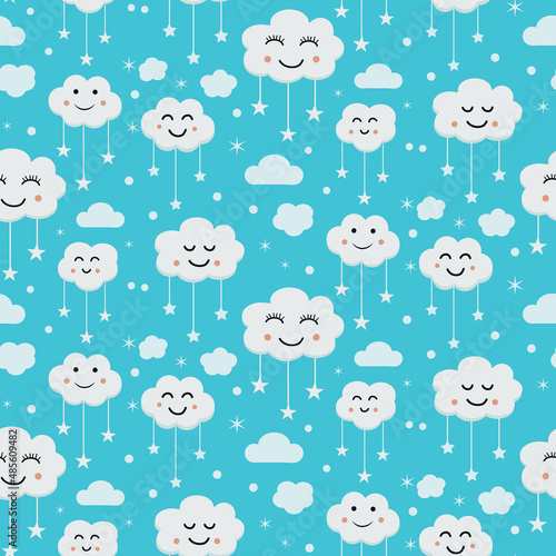 Cute smiling clouds with hanging stars seamless pattern on  blue background. Great for kids textile, baby shower and nursery wall 