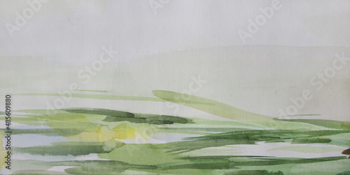 Abstract landscape. Field and sky watercolor. Contemporary painting with space for text. Brush strokes on paper background. Eco-friendly wallpaper. Natural texture. Simplicity and calm concept.