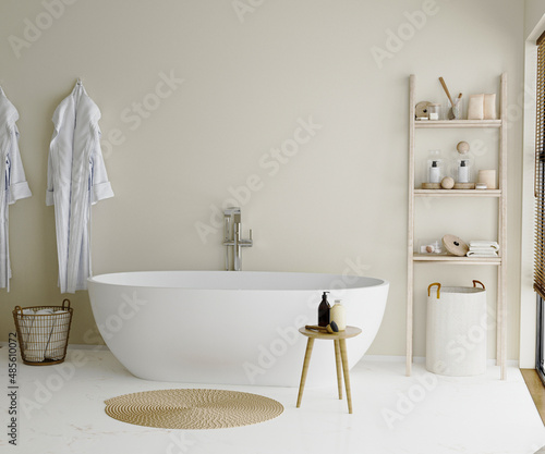 Photographie bathroom interior with bathtub in japandi style, 3d rendering