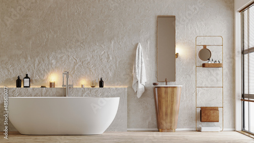 Fotografiet modern bathroom interior with tub and wooden stand sink, mirror, bath accessorie