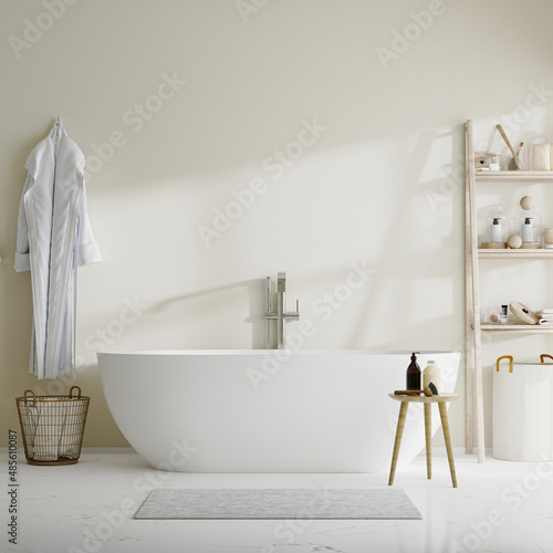Tela bathroom with tub, wooden shelves with bath accesories, bathrobe, 3d rendering