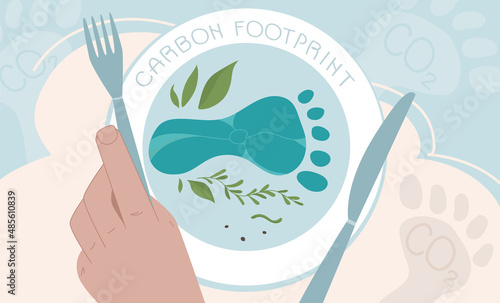 Carbon footprint concept with humans eating meat and a polluted world. Global problem with big emissions co2. Vector green politics illustration in flat design style art.
