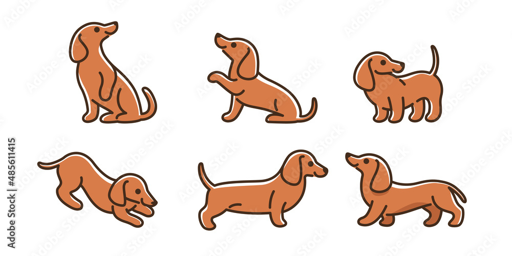 Cartoon dog icon set. Different poses of dachshund. Vector illustration for prints, clothing, packaging, stickers.