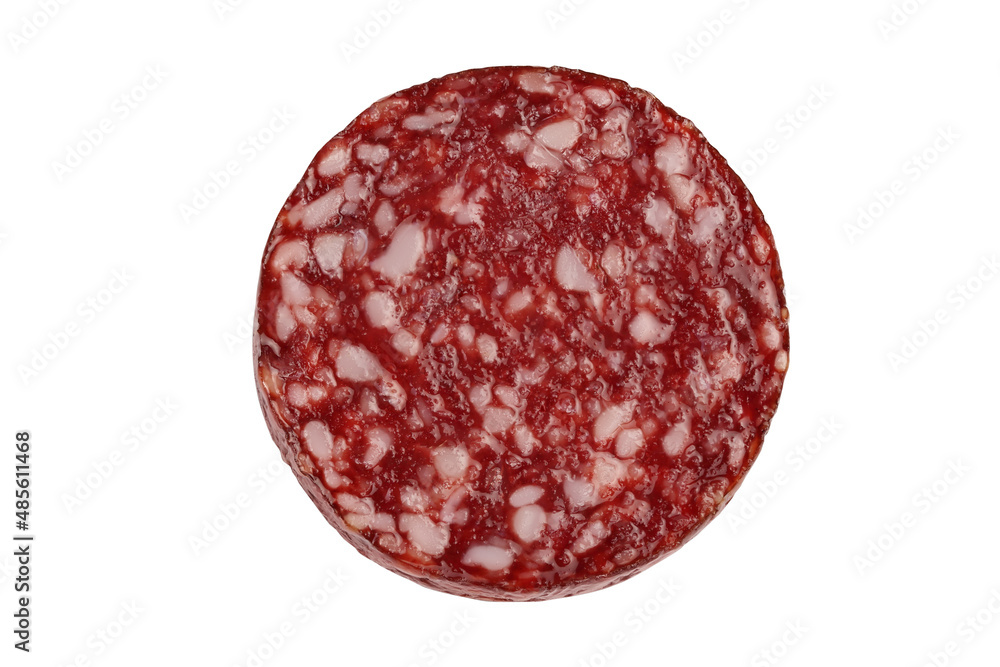 Smoked sausage salami slice isolated on white background with clipping path and full depth of field. Top view. Flat lay Smoked sausage salami slice isolated on white background with clipping path and full depth of field. Top view. Flat lay