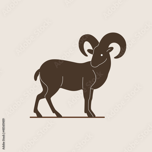 Silhouette of ram. Detailed drawing of animal.  Simple contour vector illustration for emblem, badge, insignia.