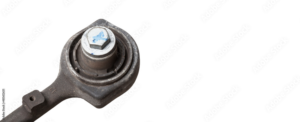 Close-up of a silent block on a used aluminum suspension with fasteners, spare parts for sale during junk yard or for replacement during car service