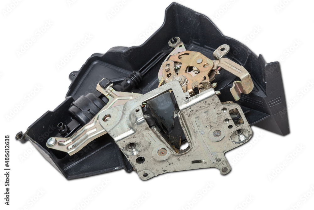 Detail of a car spare part made of black plastic and metal - door lock separately isolated on a white background. Repair in a car workshop, equipment for sale Detail of a car spare part made of black plastic and metal - door lock separately isolated on a white background. Repair in a car workshop, equipment for sale