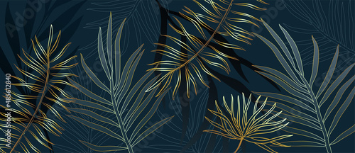 Luxury botanical background with golden tropical leaf and minimalist palms for wall decoration or wedding. Hand drawn line style, elegant leaves for invitation save the date card. Botanical rustic