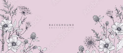 Luxury botanical background with trendy wildflowers and minimalist flowers for wall decoration or wedding. Hand drawn line herb, elegant leaves for invitation save the date card. Botanical rustic