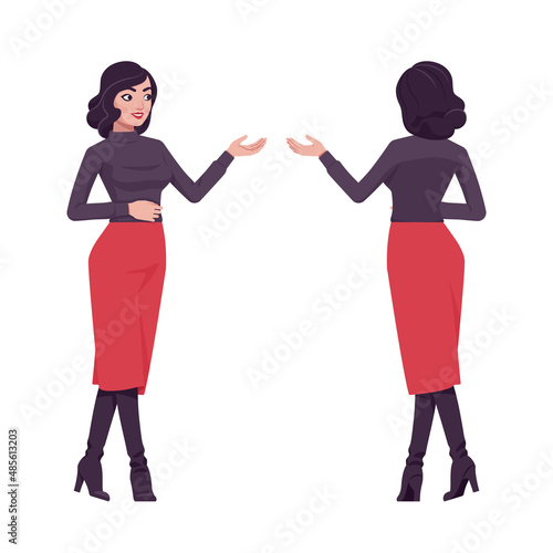 Pretty brunette girl, modern elegant woman presentation gesture. Business lady, slim fit pencil skirt, black turtleneck. Vector flat style cartoon illustration isolated, white background, front, rear