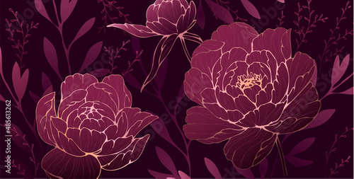 Luxury botanical background with peonies flowers for wall decoration or wedding. Hand drawn line herb, elegant leaves for invitation save the date card. Botanical rustic trendy