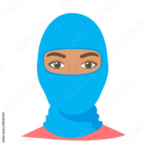 Black woman wearing balaclava helmet. Trendy worm headgear for cold weather. Facial mask for the whole head to wear under helmet in flat style. Vector