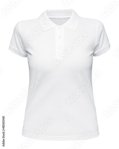 Woman white polo shirt isolated on white. Mockup female polo t-shirt front view with short sleeve