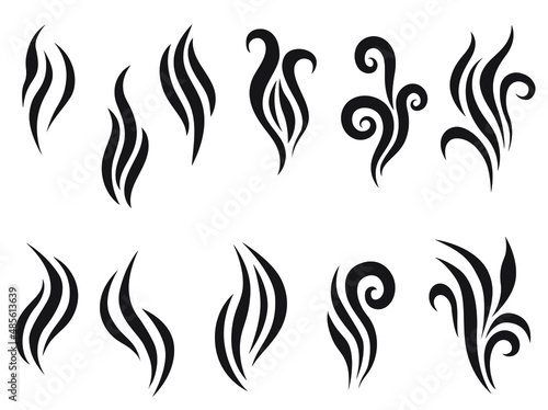 Scent logo collection. Heat vapor symbols. Water steam evaporation, cigarette smoke, flame logo icons. Coffee aroma symbols. Cooking flavors set
