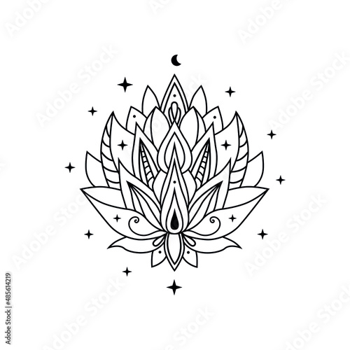 Lotus flowers with moon and stars, outline vector blooming lotus. Lotus logo design. Lotus spiritual design  isolated on white background