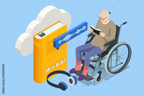 Isometric old man, pensioner in headphones listening to audiobook. Modern interface for e-books. UI, UX and GUI Screens. Grandfather enjoying literature, learning, listening to books online.