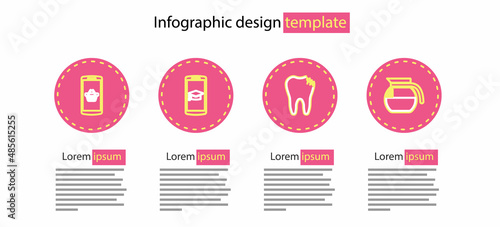 Set line Broken tooth, Coffee pot, Graduation cap on mobile and Shopping basket icon. Vector