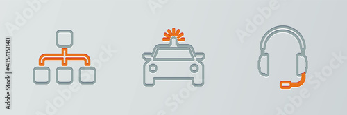 Set line Headphones with microphone, Hierarchy organogram chart and Police car and flasher icon. Vector