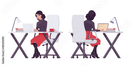 Pretty brunette girl, modern elegant woman, secretary at workplace. Business lady, slim pencil skirt, black turtleneck. Vector flat style cartoon illustration isolated, white background, front, rear