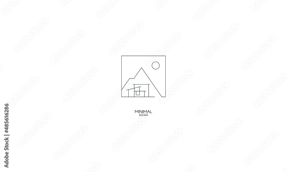 A line art icon logo of a mountain, house and sun. A line art icon logo of a mountain, house and sun.