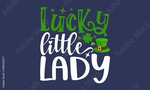 Lucky like a four leaf clover, Hand sketched Irish celebration design, Drawn typography St. Patricks badge, green hat and shamroc, Beer festival lettering typography icon photo