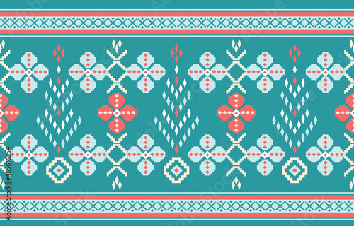 Turquoise ethnic abstract flower art. Seamless pattern in tribal, folk embroidery, Mexican style. Aztec geometric art ornament print. Design for carpet, wallpaper, clothing, wrapping, fabric,cover.