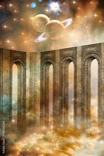 a gate - portals to Universe with stars, planets and mystic clouds like space and spiritual background